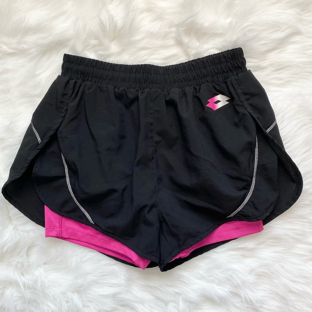 Lotto | Black Athletic Shorts with Pink Lining and Back Zipper Pocket | Small